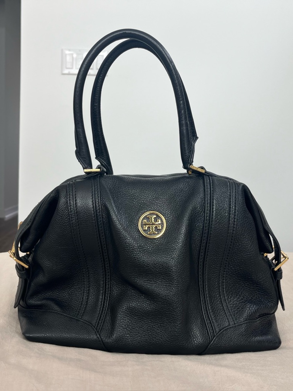 Tory Burch Black Pebbled Leather Tote with Gold Logo